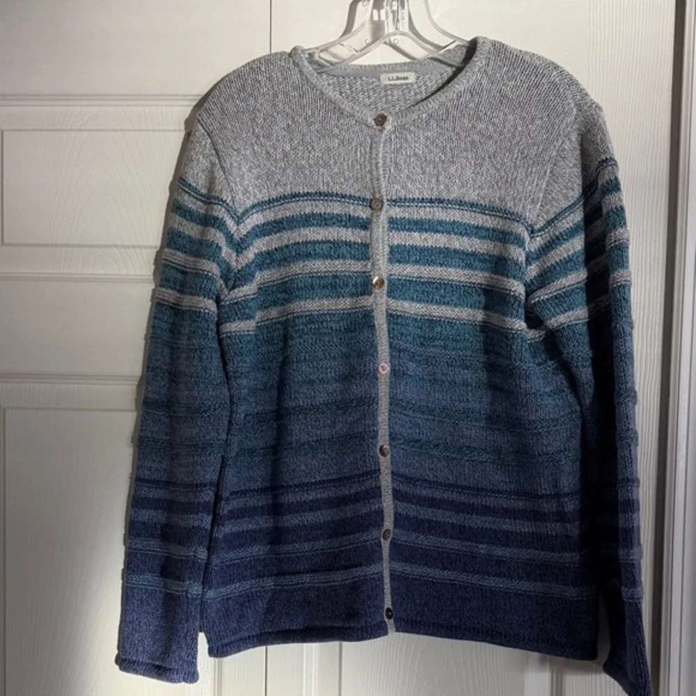 L.L. Bean Gray and Blue Striped Cardigan, 100% cotton.